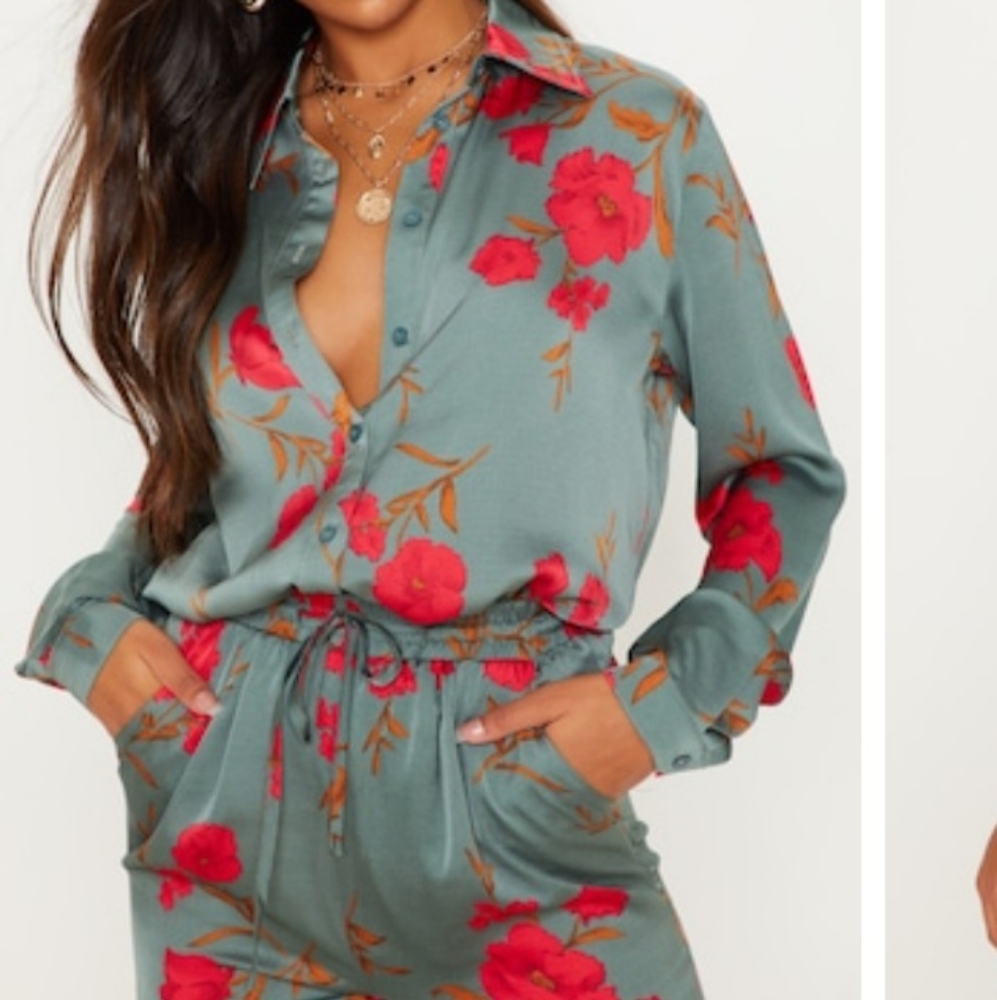 Pretty Little Things floral shirt and pants satin set!
